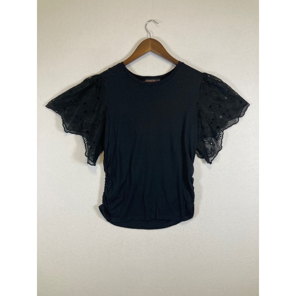 Romantic Goth Top Women S Black Eyelet Flutter Sleeve Ruched Side Jersey Knit